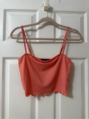 Forever 21 Coral Ribbed Lettuce-Edge Crop Cami